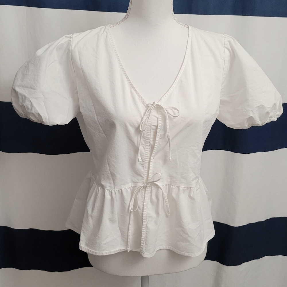 Active USA White Puff Sleeve Tie Front Blouse | Size Large